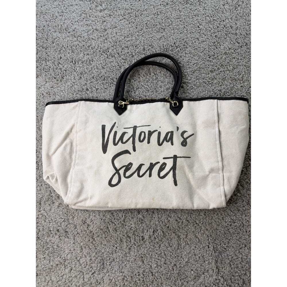 Victoria's Secret Canvas Tote Bag Black White Logo Large Beach Travel Bag